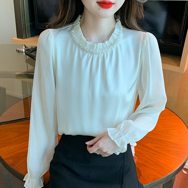 New 2025 Spring Blouses Shirts Long Sleeve Beading O-Neck Chiffon Blouse Shirt Women Tops J772
