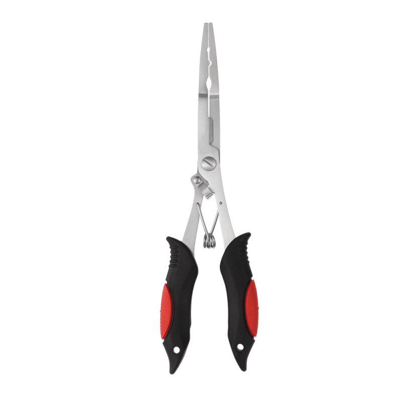 Extra Long Stainless Steel Fishing Pliers with Flat Nose, Line Cutter, and Fish Control Functions.