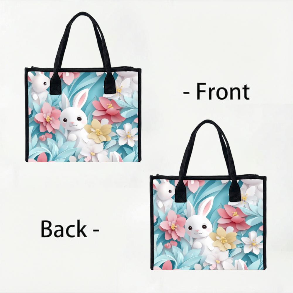 Cute Rabbit Floral Printed Casual Portable Lightweight Tote Bag for Daily Use