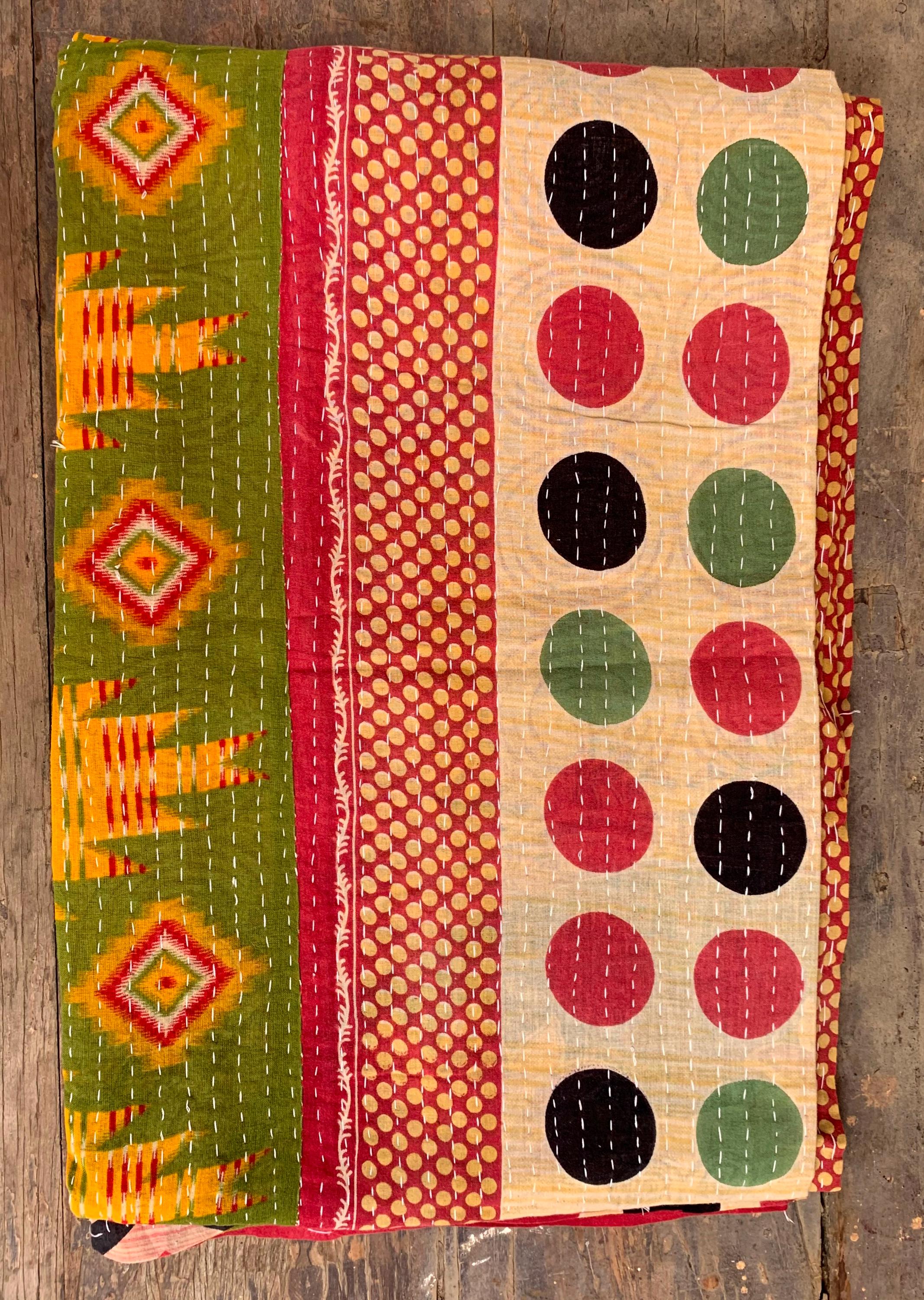 Multi color Polka Dot & Ikat Patchwork Bedspread - Handmade Kantha Quilt Throw 80X 50