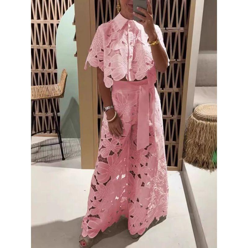 Hollow Collar Top Wide Leg Pants Set Hollow Out Lapel Top Wide Leg Pants Set