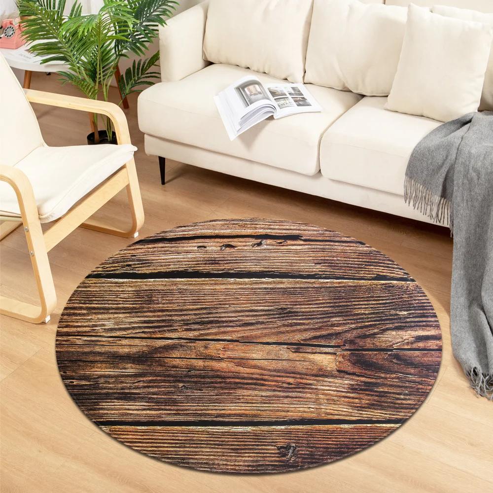 Wooden Pattern Round Carpet for Home Living Room Bedroom Kitchen Bathroom Floor Mat Decorative Anti-slip Circle Carpets Area Rug