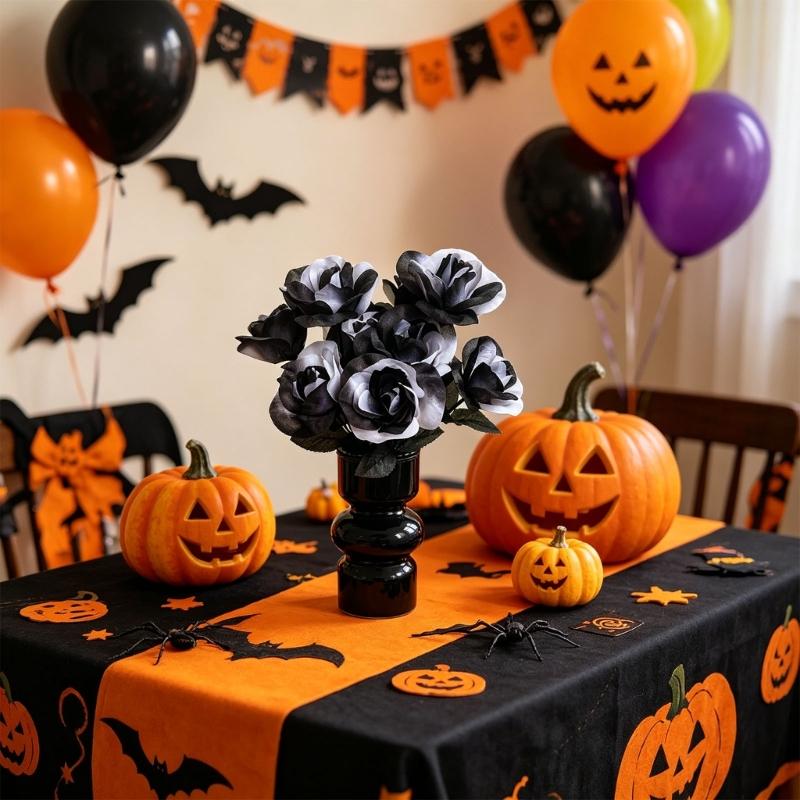 Artificial Rose Flower Arrangement with Fabric Leaves for Halloween Party Table Centerpiece Room Vase Display Photo Scene Placement