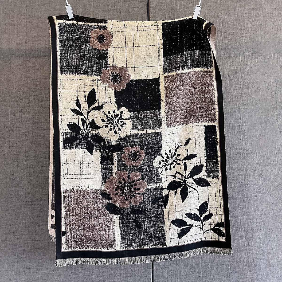 

Autumn new imitation cashmere fringed scarf women s plaid flower age-reducing printed scarf fashionable versatile warm shawl 185*68cm