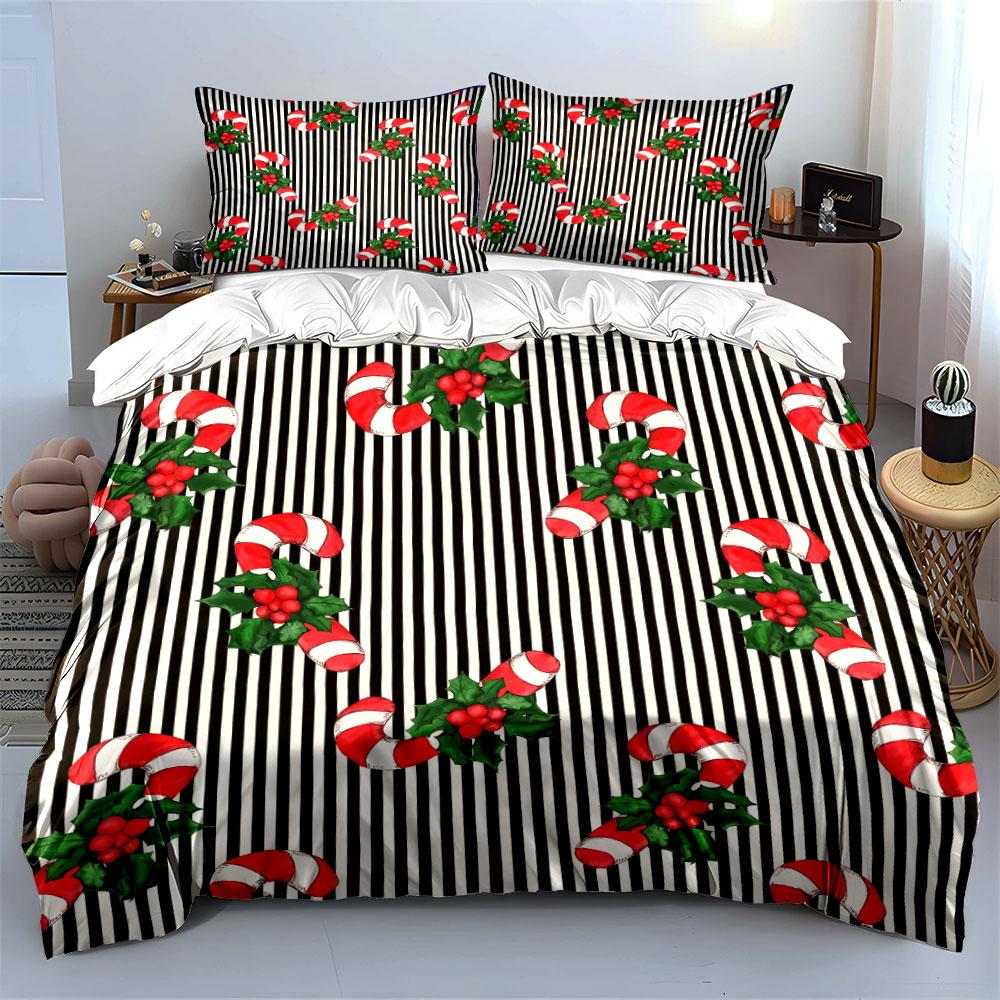 Candy Cane and Holly Striped Pattern Bedding Duvet Cover Set Duvet Cover Pillowcases (1*Duvet Cover 2*Pillowcases, without duvet insert)