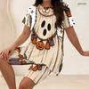 Women Plus Size Two Piece Set Pumpkin Bee Floral Print Round Neck Short Sleeve Split Top Knee Length Pants