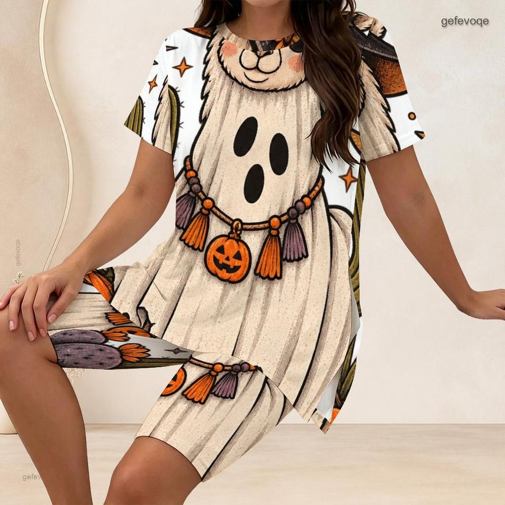Women Plus Size Two Piece Set Pumpkin Bee Floral Print Round Neck Short Sleeve Split Top Knee Length Pants