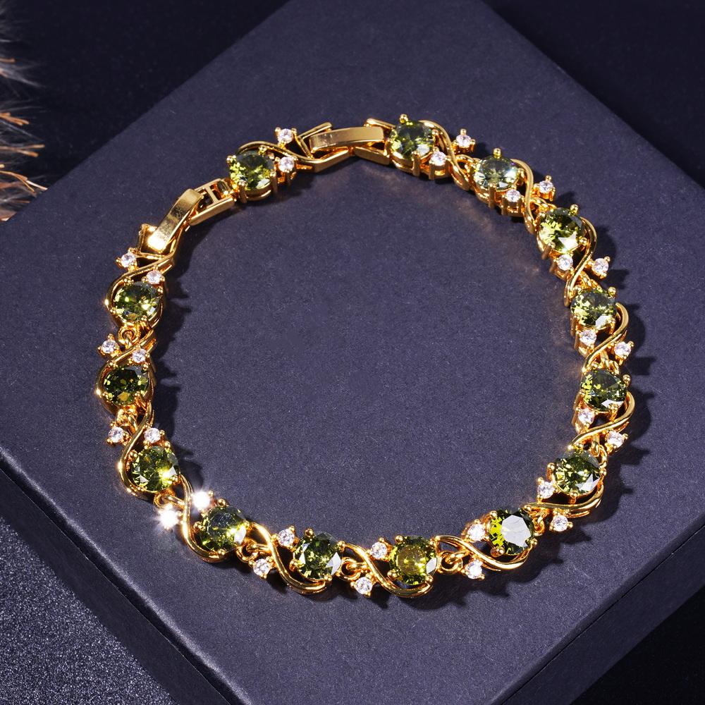 Elegant And Sparkling Necklace Bracelet Ring And Earrings Set In Retro Olive Green Zirconia  Gold-Plated Jewelry Set