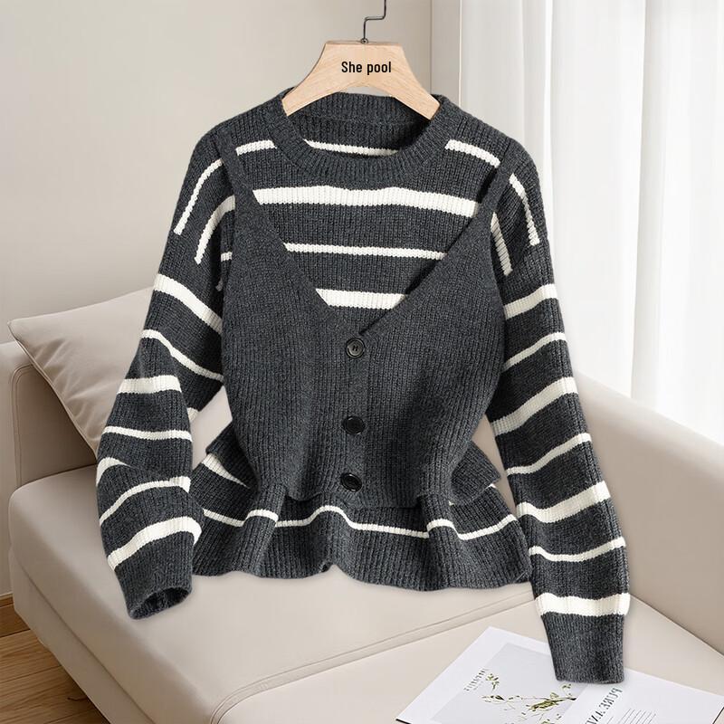 

Women s Faux Two-Piece Color Block Striped Sweater One Size