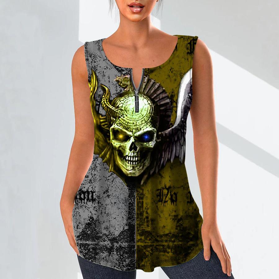 Camisas con cuello en V a la moda para mujer, camisetas informales, chaleco con estampado de esqueleto oscuro en 3D, blusa sin mangas de talla grande, camisetas sin mangas