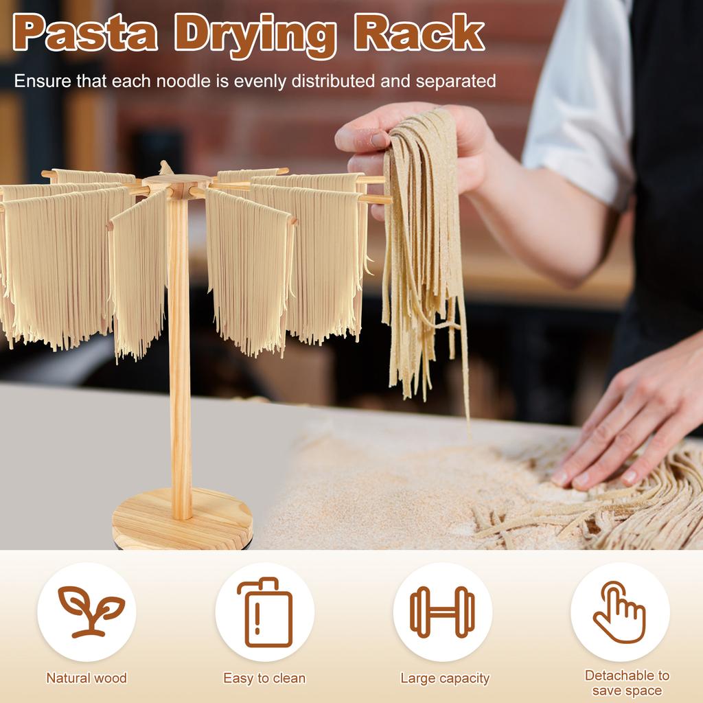 Rotary Pasta Drying Rack Wood Collapsible Detachable Kitchen Stand Dryer Tools Easy Installation Pasta Hanging Rack Portable