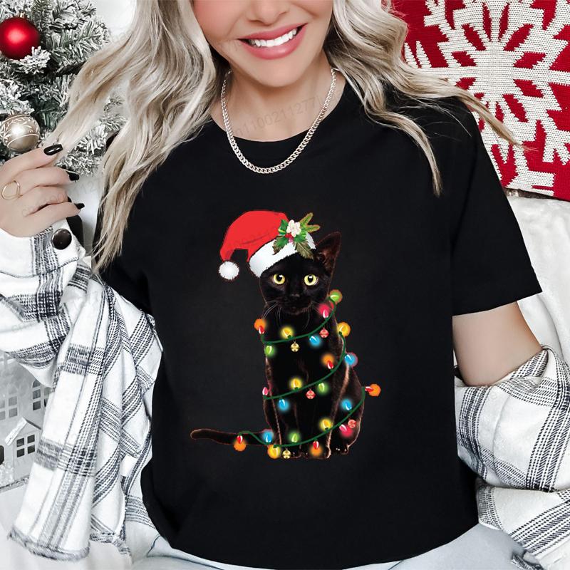 Christmas Black Cat Printed T-shirt Men's and Women's Casual Short Sleeved T-shirt Christmas Travel Pattern Printed Top T-shirt Clothing
