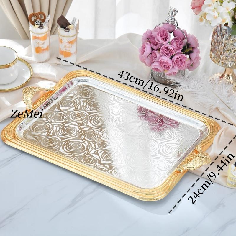 European-Style Rectangle Cake Plate,Carving Rose Home Portable Metal Fruit Tray,Large Size Storage Plate Wedding Decoration
