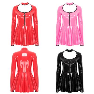 Women Latex Dress Deep V Neck Mesh Long Sleeves Mini Dress Shiny Faux Leather Dress Halloween Costume Rave Party Punk Club Wear