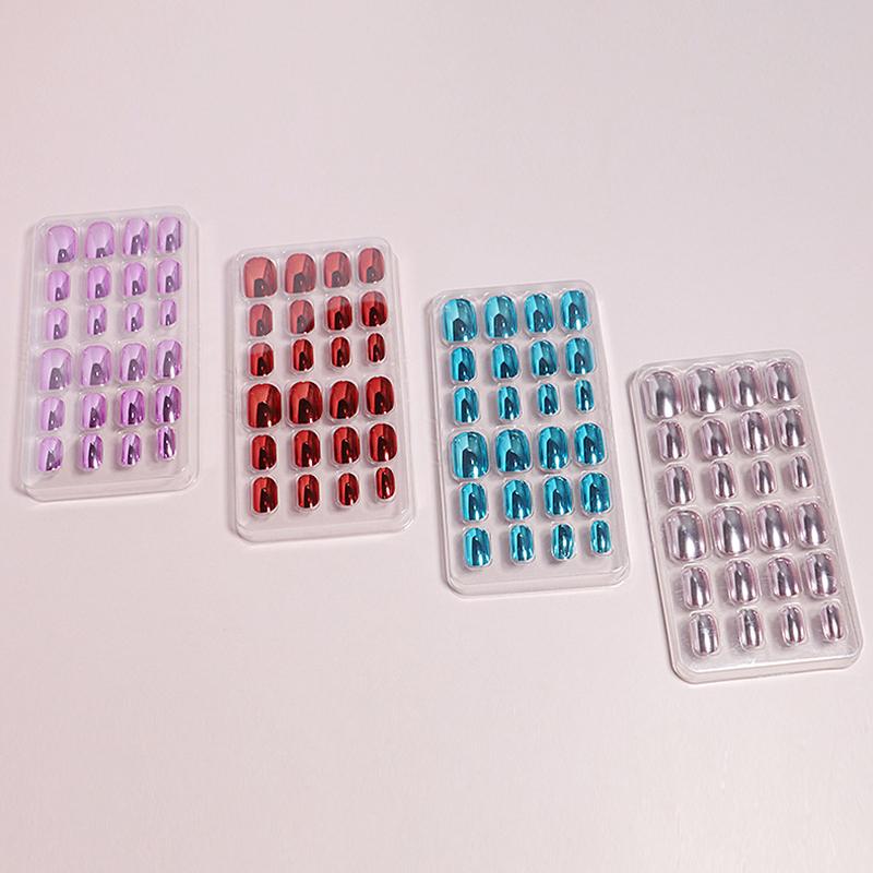 24 Piezas Espejo Cromado Uñas Infantiles Presionar Sobre Metálico Puntas de Uñas Postizas Pre-Pegadas Cortas Ovaladas Cobertura Completa Uñas Postizas Para Niñas Juguetes