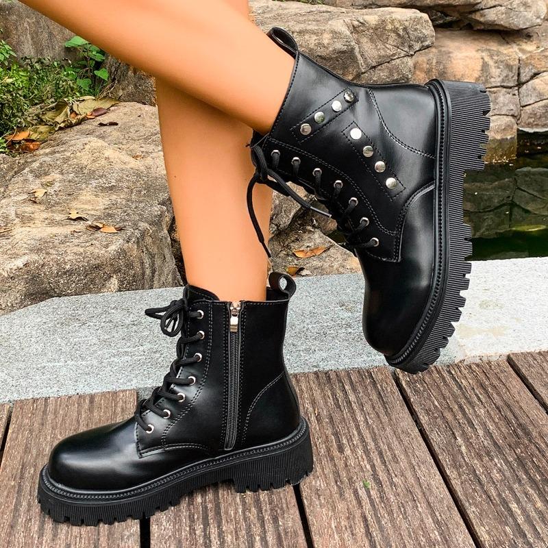 British Style Retro Booties Winter New Round Toe Lace-up Front Studded Platform Non-slip Pumps