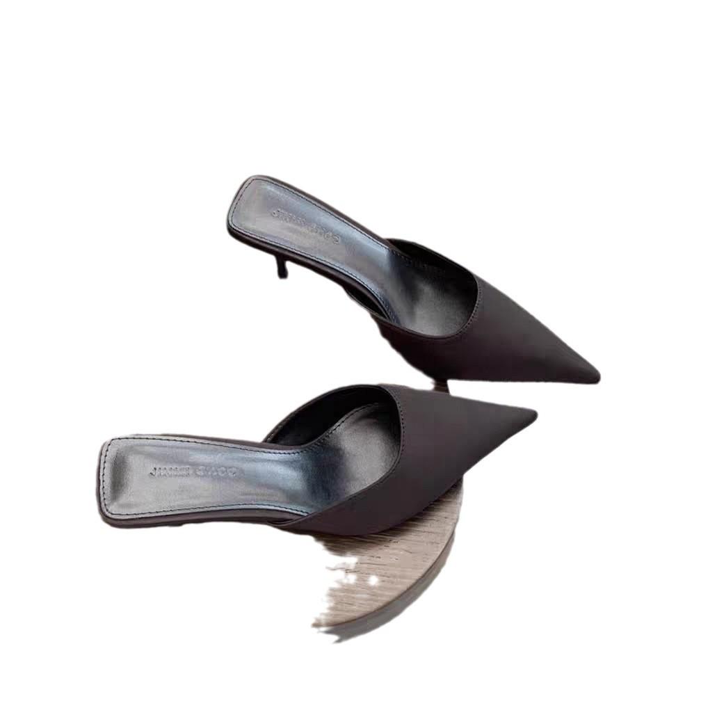 Europe, America and Foreign Trade 2025 Summer New Large Size Solid Color Fashion Pointed Bag Head Low Heel Half Drag Women's Thick Heel Cool Slippers