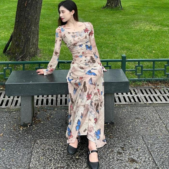 Yunnan Dali Travel Wear Long Sleeve Retro Butterfly Print Elastic Threaded Long Dress Irregular Dress Autumn