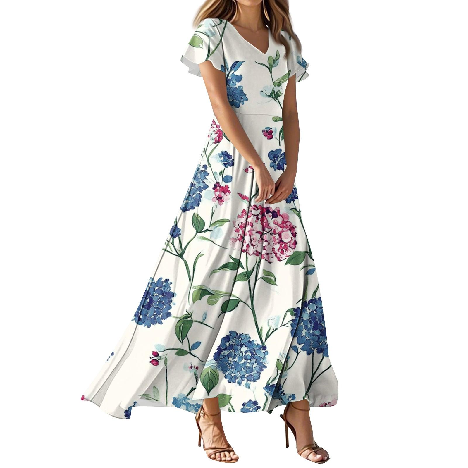 

Женское повседневное платье с V-образным вырезом, коротким рукавом, высокой талией и принтом в виде цветов и листьев в стиле ретро XL белый