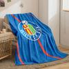 A blue background with red diagonal lines and a football club crest. for all seasons blanket lunch break throw gift