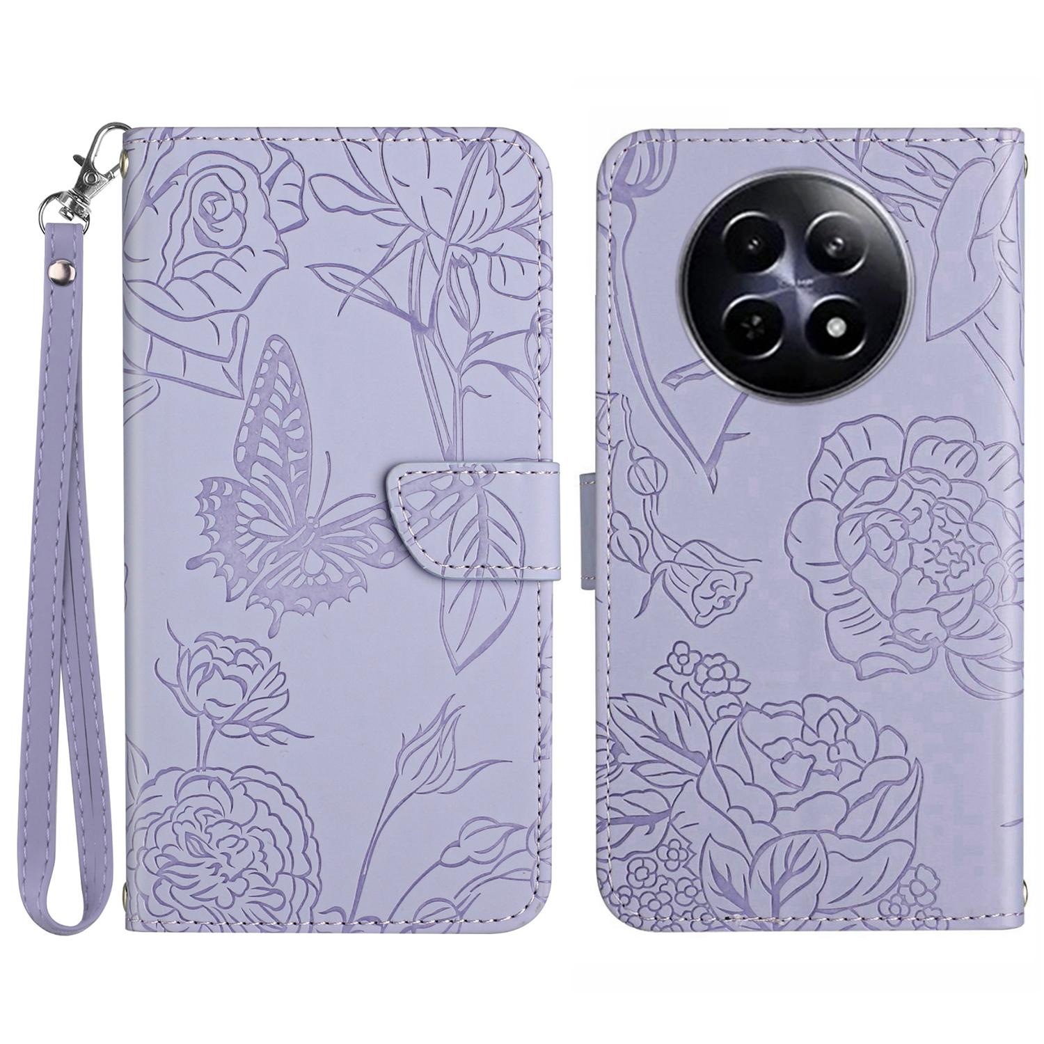 

Для Realme 13+ 5G/13 Pro 5G (Китай) Чехол Кожаный Чехол для Телефона с Тиснением Бабочки и Цветка со Шнурком Purple