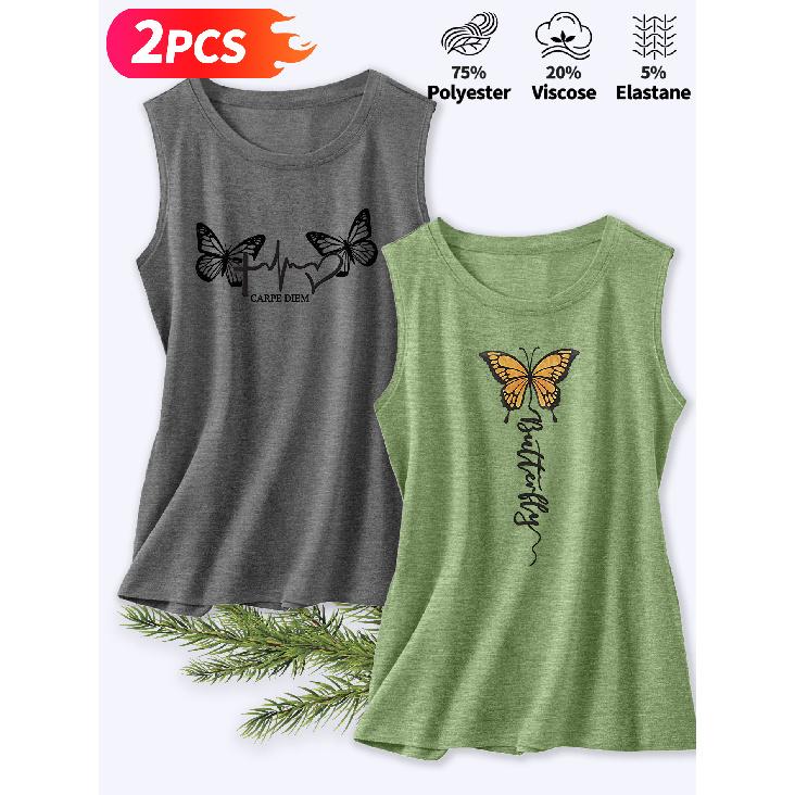Lele Orientation Two-piece Women's Vest Set Butterfly ECG Minimalist Print Elegant Summer Party Outfits Sleeveless Vest Essential Fashion Items for
