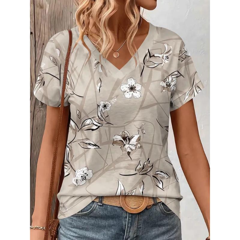 Fashion Women's V-Neck Short Sleeve 3D Flower Color Printing Flower Short Sleeve V-Neck T-Shirt
