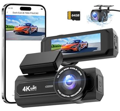 CHORTAU New Version Dashcam, Front and Rear Cameras, 4K UHD 8MP + 1080P Full HD HDR/WDR Correction, 5G WIFI, 170-degree Wide Angle View, 64GB Card Inc