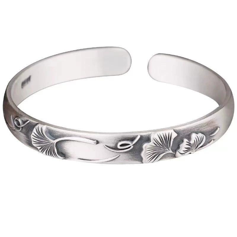 New Chinese style ginkgo biloba leaf silver bracelet women's sterling silver bracelet leaf retro ethnic style relief opening solid silver