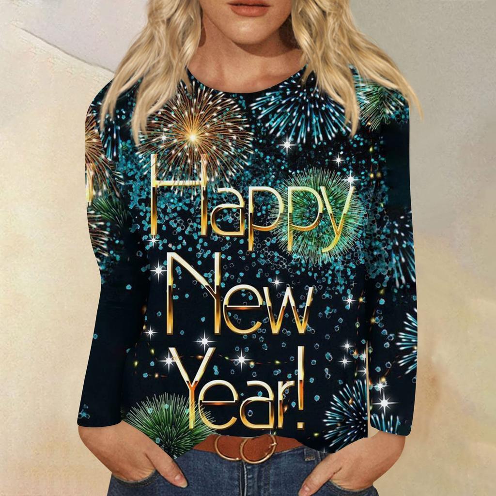 Damen Winter Rundhals Langarm T-Shirt 2024 Neujahr Bedrucktes Oberteil