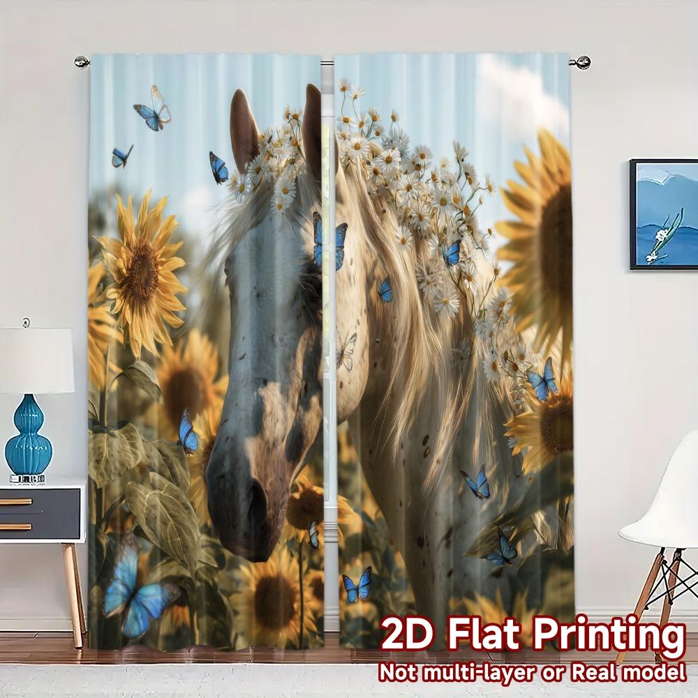 

Flat Printing Curtains Without Rod Butterfly Meadow Pattern Chic Durable Polyester Fabric Curtain Set Of 2 Made Washable W100*H70(CM)-Grommet top&1PCS