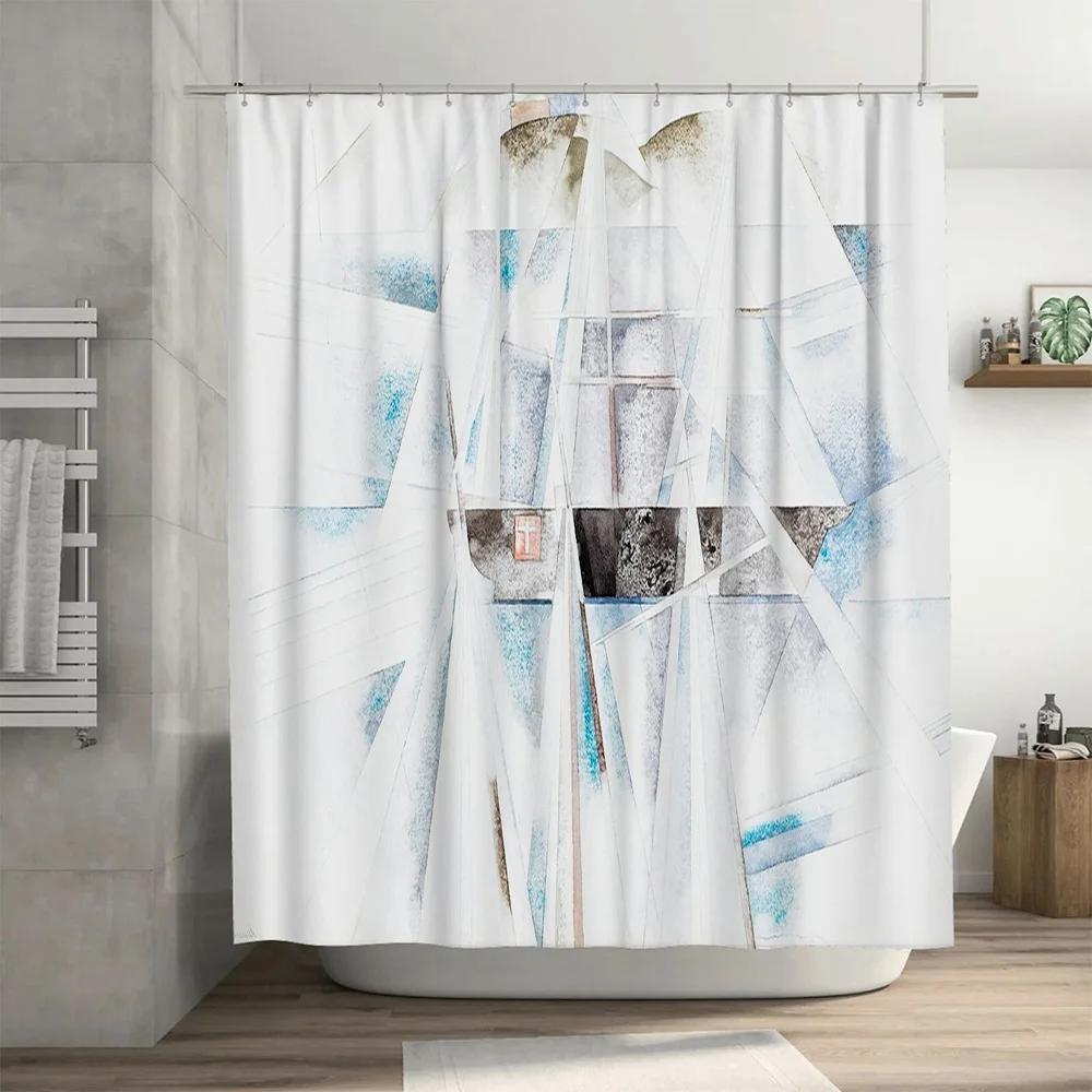 Modern Geometric Blue White Print Shower Curtain Waterproof Bathroom Decor for Kids Bathrooms Large Size Decoration Curtains