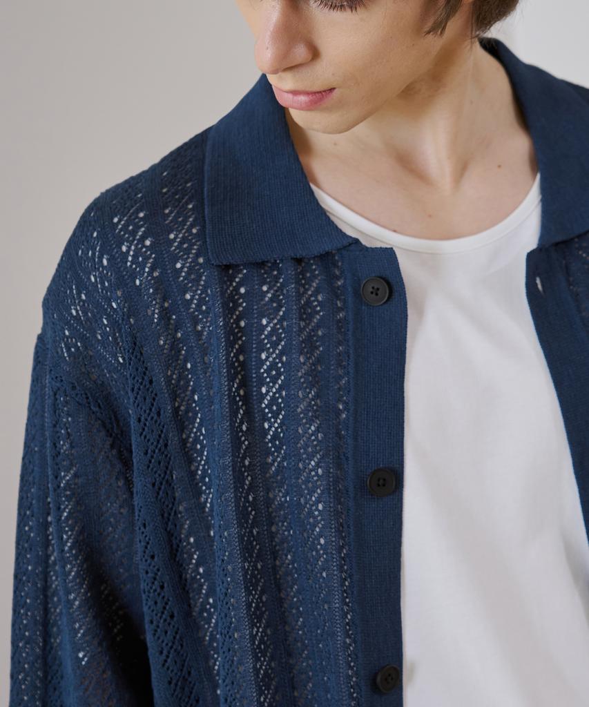 Draw Fit Linen Punched Half Collar Cardigan [Blue]