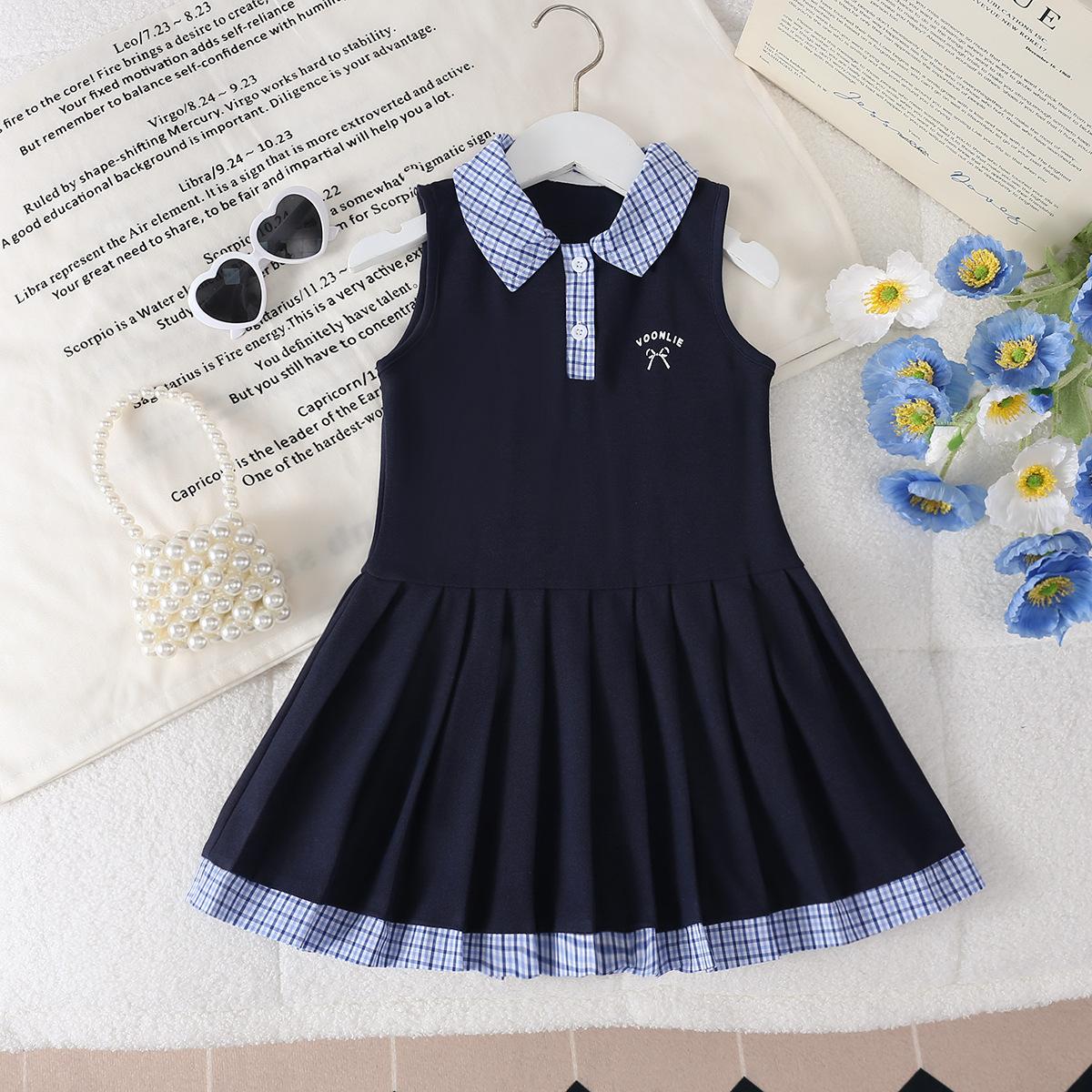 

Платье для девочек Летнее платье Корейское платье принцессы Платье в стиле колледжа Детское платье-жилет с воротником поло 120