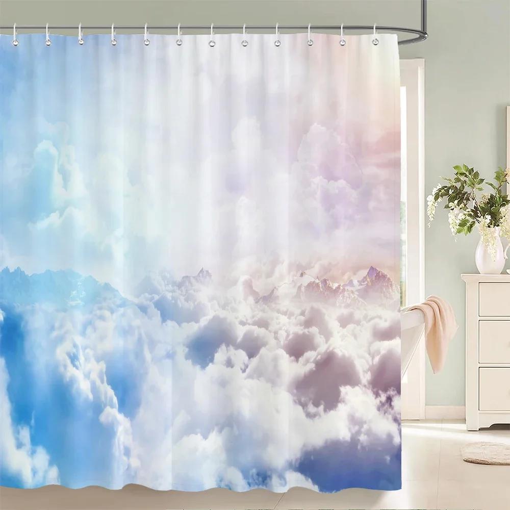 Blauer Himmel Wolken Landschaft Duschvorhang Wasserdichter Badezimmervorhang Mit Haken Badezimmer Vorhänge Stoff 3D Gedruckt 180*200cm Vorhang