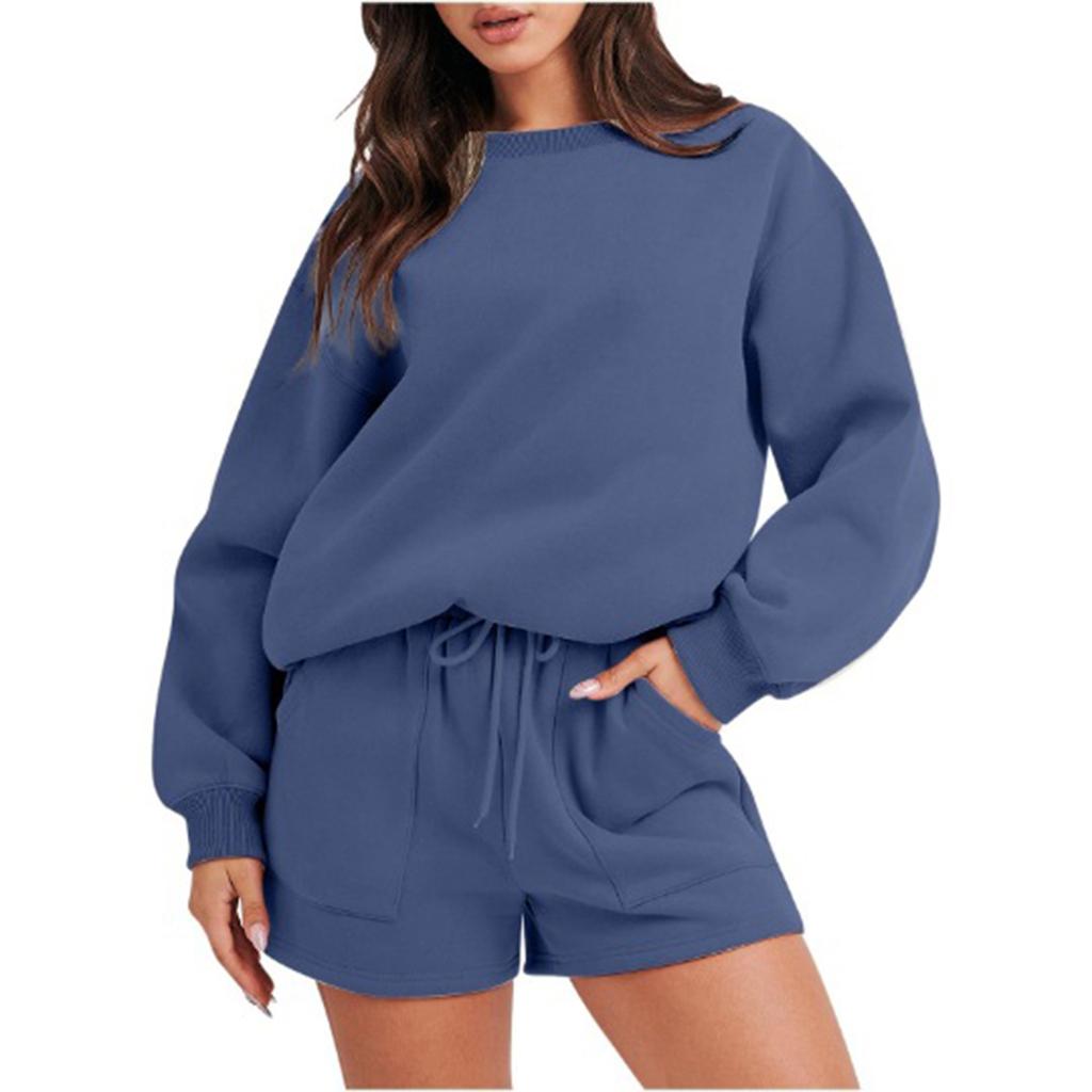 Women's Fashion Sportswear Casual Long-Sleeved Pullover Sweatshirt Drawstring Shorts Set