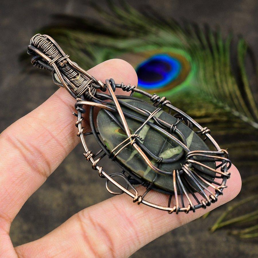 Septarian Stone, Moonstone Gemstone Copper Wire Wrap Jewelry Pendant 3.35"