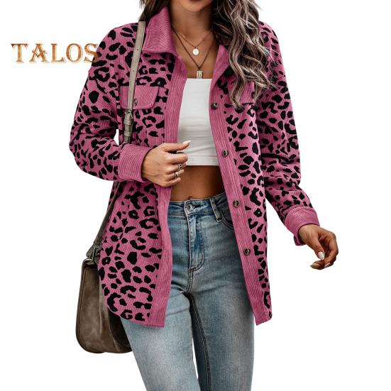 Women Spring Fall Coat Fake Chest Pocket Turn-down Collar Single-breasted Leopard Print Long Sleeves Mid Length Daily Wear Jacket