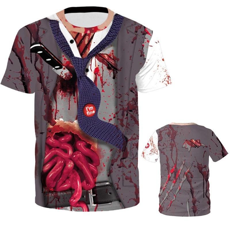 Pánské tričko s potiskem halloweenské dýně a kostry, s kulatým výstřihem a krátkým rukávem, ležérní top