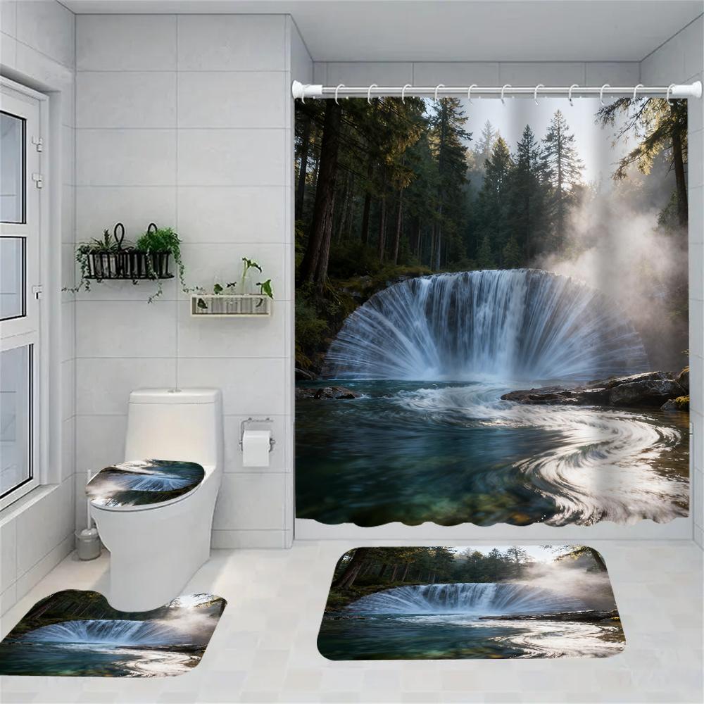 1/4 Forest Waterfalls  Print Shower Curtains, Toilet Seat Decoration, Shower Curtain with Carpet and Toilet Lid, 70.8x70.8 Inch