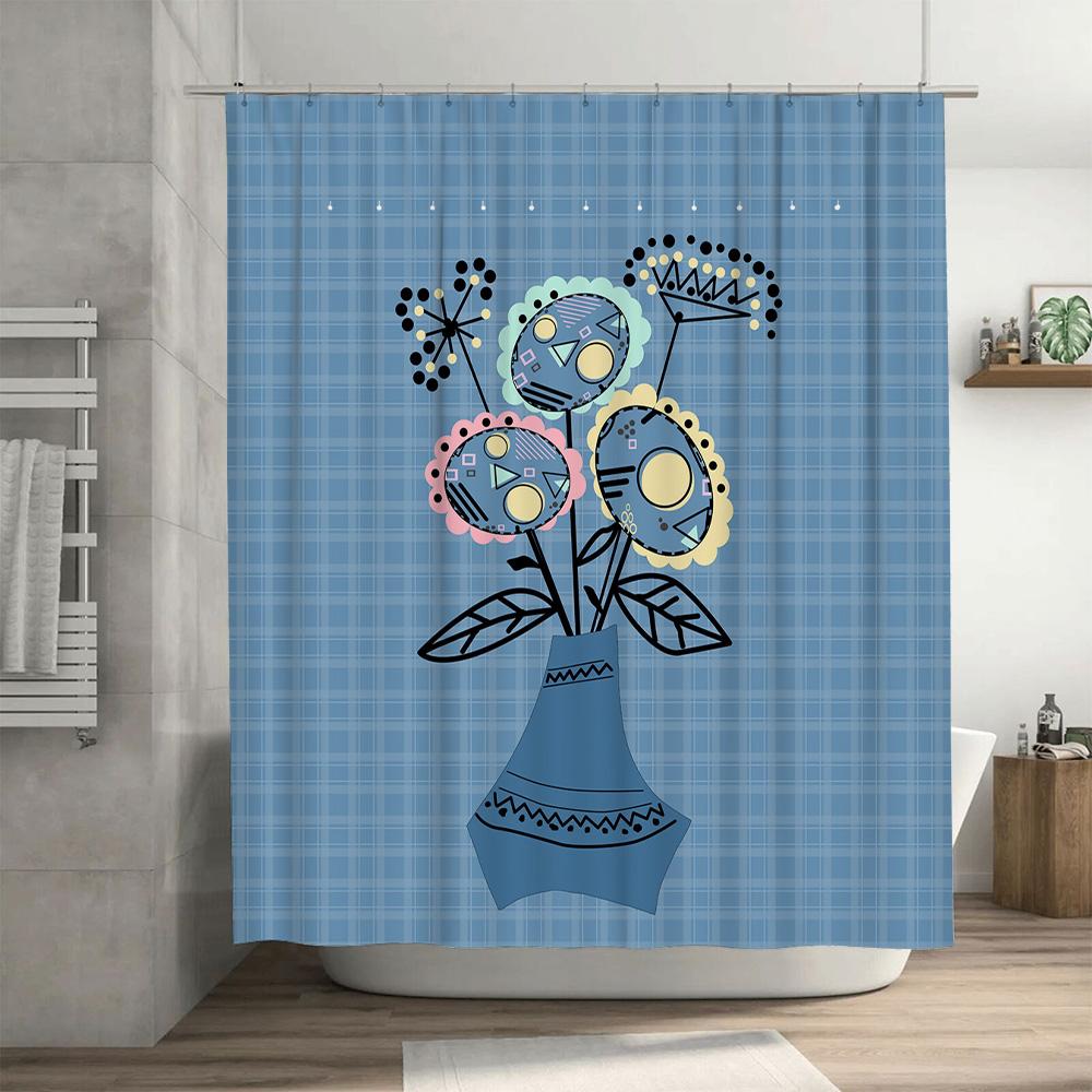 Dekorativer Duschvorhang mit blau kariertem Muster, einzigartigem Blumendesign für Badezimmerdekoration