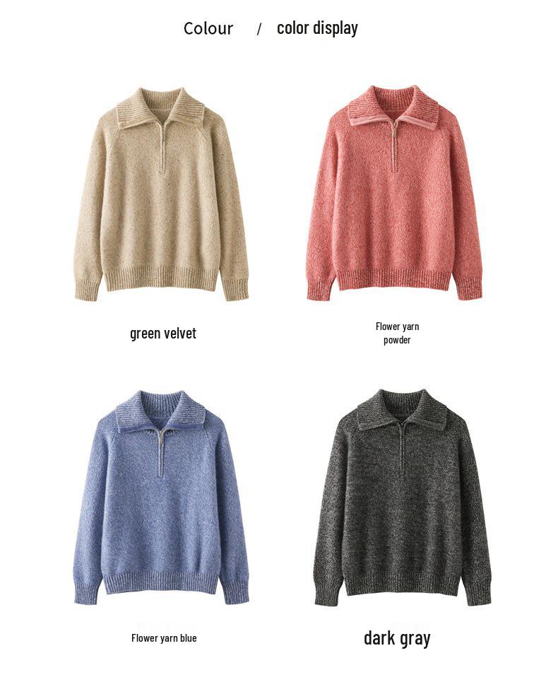 Women's Autumn/Winter Cashmere Lapel Half-Zip Sweater - Casual Knit Pullover