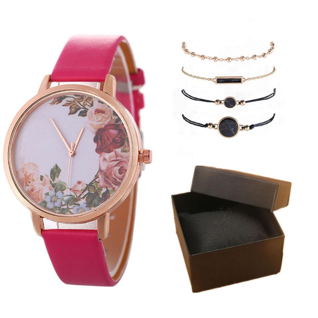 Stylish And Simple Rose Face Leather Belt Watch Female Pu Belt Quartz Lady Watch Watch Bracelet Set Female