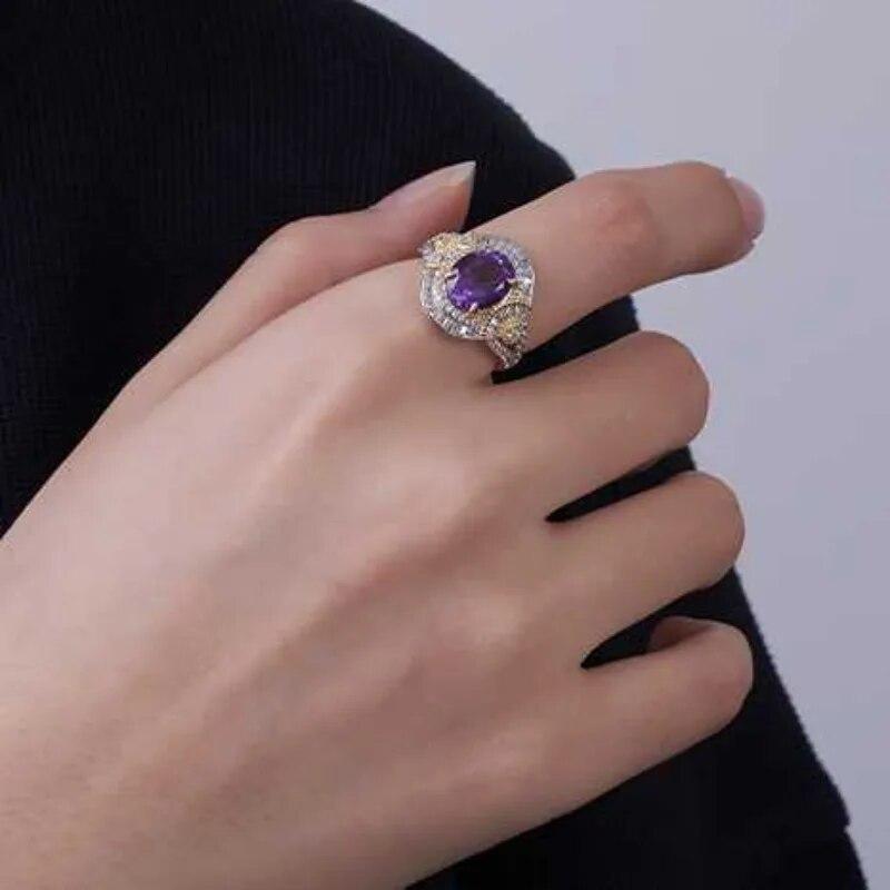 Sace Gems Inele de lux cu ametist natural, redimensionabile, din argint 925, pentru femei, cocktail de logodna, cadou de bijuterii fine