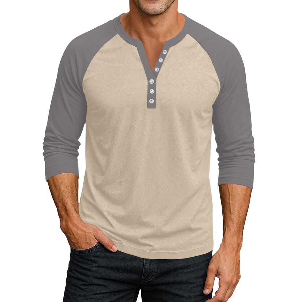 Men's Button-Down Contrast Raglan 3/4 Sleeve Top