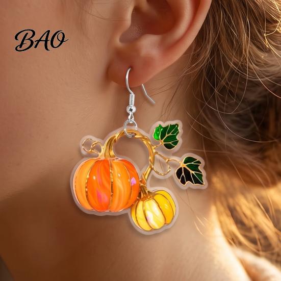 Charming Holiday Party Jewelry 1 Pair Pumpkin Acrylic Drop Earrings, 2D Fall Harvest Dangle Earrings Fun Seasonal for Girls Women, Halloween