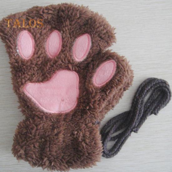 1 Pair Women Winter Gloves Half-finger Cat Paw Shape Thick Plush Elastic Warm Heat Retention Non-slip Windproof Wrist Protection Cycling Riding