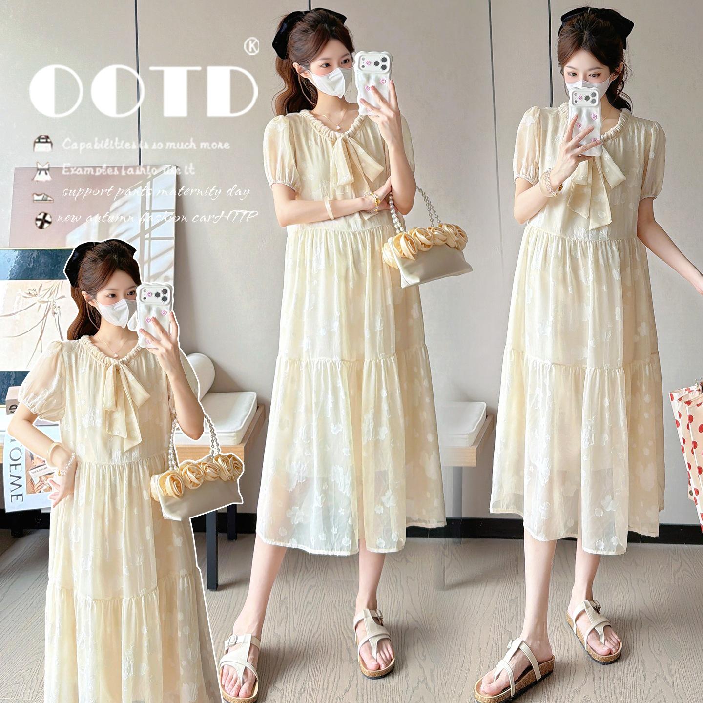 Korean Style Summer 2026 Loose Fit Maternity Dress - Simple, Fashionable, Plus Size, Mid-Length Large (L)