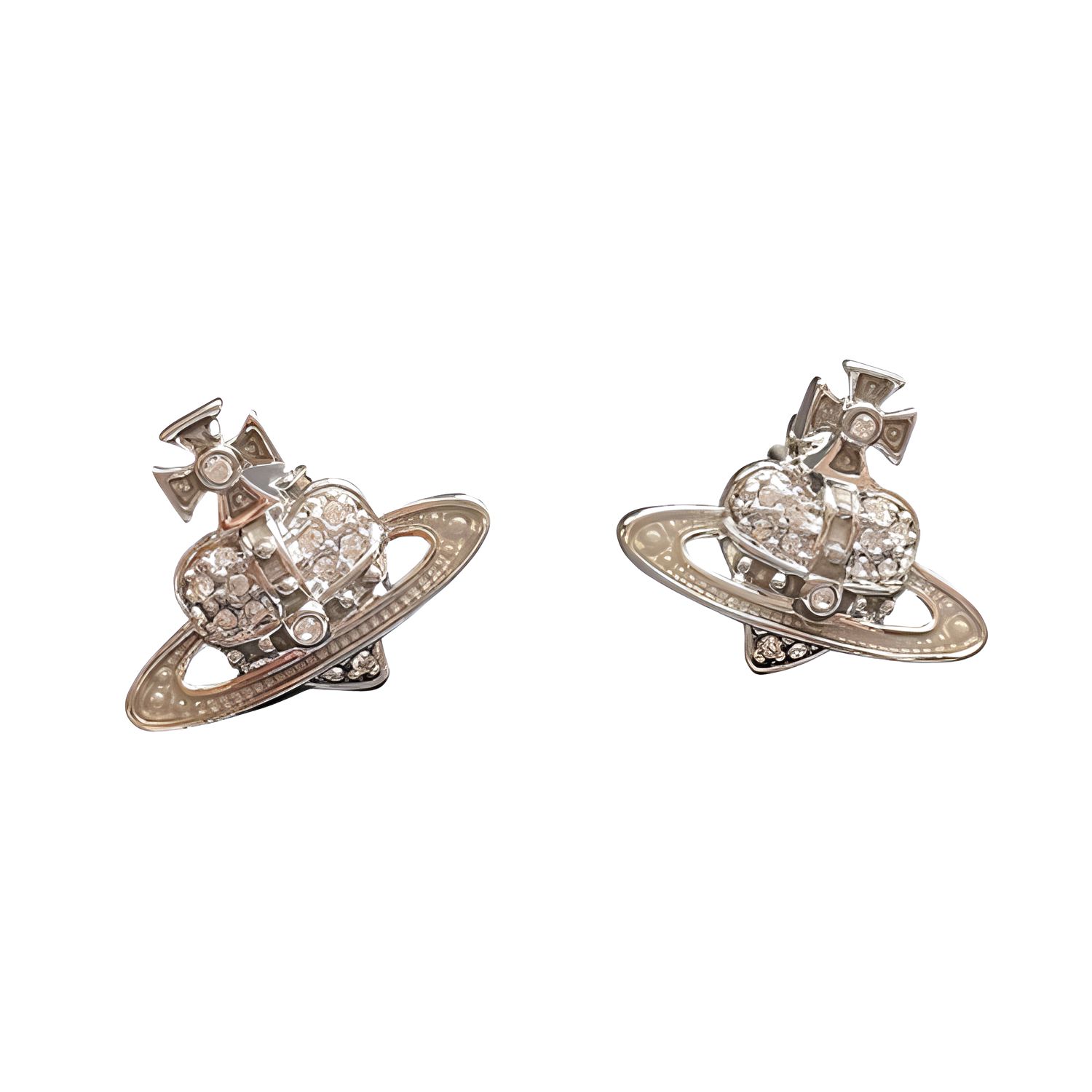 Vivienne Westwood Reverse Heart Saturn Design Brass Crystal Earrings Unisex Earrings Silver 6201032602P255CN F,Silver