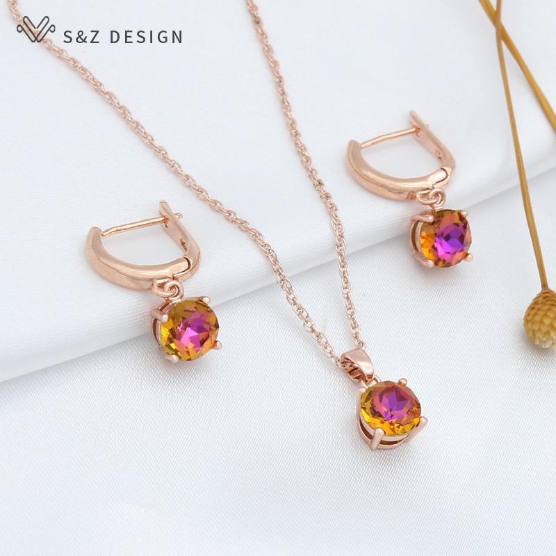 Fashion Rose Gold Color Round Crystal Drop Earrings Pendant Necklace Jewelry Sets For Women Wedding Party Gift